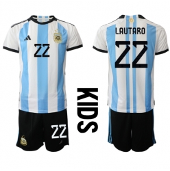 Argentina Lautaro Martinez #22 Home Stadium Replica Jersey Kids World Cup 2022 Short Sleeves (+ pants)