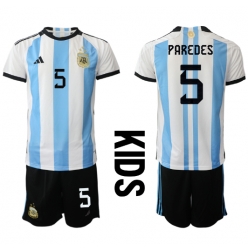 Argentina Leandro Paredes #5 Home Stadium Replica Jersey Kids World Cup 2022 Short Sleeves (+ pants)