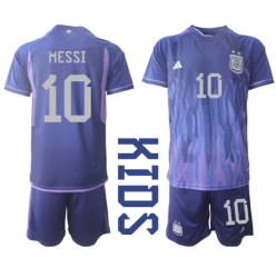 Argentina Lionel Messi #10 Away Stadium Replica Jersey Kids World Cup 2022 Short Sleeves (+ pants)