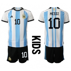 Argentina Lionel Messi #10 Home Stadium Replica Jersey Kids World Cup 2022 Short Sleeves (+ pants)