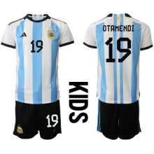 Argentina Nicolas Otamendi #19 Home Stadium Replica Jersey Kids World Cup 2022 Short Sleeves (+ pants)