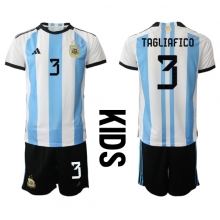 Argentina Nicolas Tagliafico #3 Home Stadium Replica Jersey Kids World Cup 2022 Short Sleeves (+ pants)