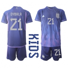 Argentina Paulo Dybala #21 Away Stadium Replica Jersey Kids World Cup 2022 Short Sleeves (+ pants)