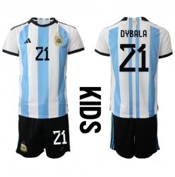 Argentina Paulo Dybala #21 Home Stadium Replica Jersey Kids World Cup 2022 Short Sleeves (+ pants)