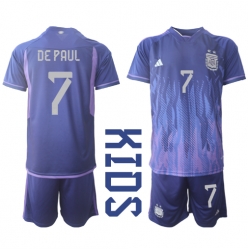 Argentina Rodrigo de Paul #7 Away Stadium Replica Jersey Kids World Cup 2022 Short Sleeves (+ pants)