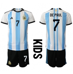 Argentina Rodrigo de Paul #7 Home Stadium Replica Jersey Kids World Cup 2022 Short Sleeves (+ pants)