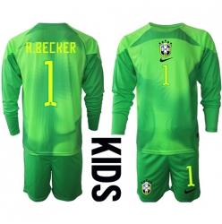 Brazil Alisson Becker #1 Goalkeeper Away Stadium Replica Jersey Kids World Cup 2022 Long Sleeves (+ pants)