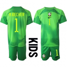 Brazil Alisson Becker #1 Goalkeeper Away Stadium Replica Jersey Kids World Cup 2022 Short Sleeves (+ pants)