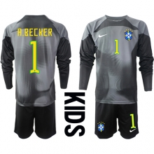 Brazil Alisson Becker #1 Goalkeeper Home Stadium Replica Jersey Kids World Cup 2022 Long Sleeves (+ pants)