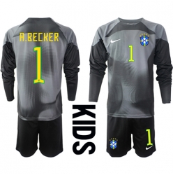 Brazil Alisson Becker #1 Goalkeeper Home Stadium Replica Jersey Kids World Cup 2022 Long Sleeves (+ pants)