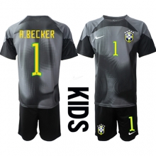 Brazil Alisson Becker #1 Goalkeeper Home Stadium Replica Jersey Kids World Cup 2022 Short Sleeves (+ pants)