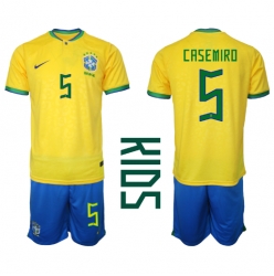 Brazil Casemiro #5 Home Stadium Replica Jersey Kids World Cup 2022 Short Sleeves (+ pants)