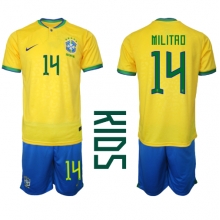 Brazil Eder Militao #14 Home Stadium Replica Jersey Kids World Cup 2022 Short Sleeves (+ pants)