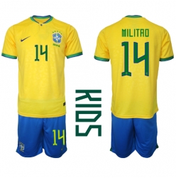 Brazil Eder Militao #14 Home Stadium Replica Jersey Kids World Cup 2022 Short Sleeves (+ pants)