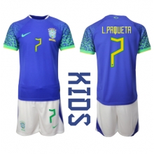 Brazil Lucas Paqueta #7 Away Stadium Replica Jersey Kids World Cup 2022 Short Sleeves (+ pants)