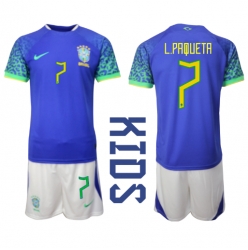 Brazil Lucas Paqueta #7 Away Stadium Replica Jersey Kids World Cup 2022 Short Sleeves (+ pants)