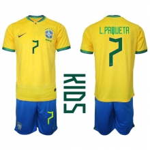 Brazil Lucas Paqueta #7 Home Stadium Replica Jersey Kids World Cup 2022 Short Sleeves (+ pants)