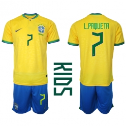 Brazil Lucas Paqueta #7 Home Stadium Replica Jersey Kids World Cup 2022 Short Sleeves (+ pants)