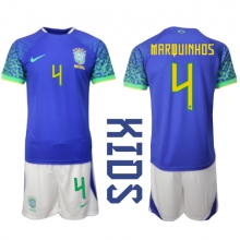 Brazil Marquinhos #4 Away Stadium Replica Jersey Kids World Cup 2022 Short Sleeves (+ pants)