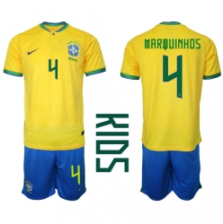 Brazil Marquinhos #4 Home Stadium Replica Jersey Kids World Cup 2022 Short Sleeves (+ pants)