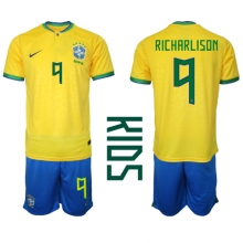 Brazil Richarlison #9 Home Stadium Replica Jersey Kids World Cup 2022 Short Sleeves (+ pants)