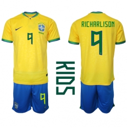 Brazil Richarlison #9 Home Stadium Replica Jersey Kids World Cup 2022 Short Sleeves (+ pants)