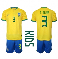 Brazil Thiago Silva #3 Home Stadium Replica Jersey Kids World Cup 2022 Short Sleeves (+ pants)