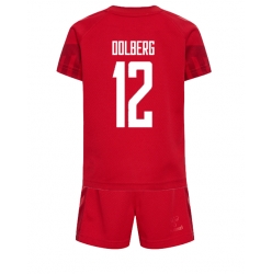 Denmark Kasper Dolberg #12 Home Stadium Replica Jersey Kids World Cup 2022 Short Sleeves (+ pants)