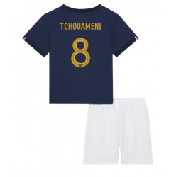 France Aurelien Tchouameni #8 Home Stadium Replica Jersey Kids World Cup 2022 Short Sleeves (+ pants)