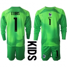 France Hugo Lloris #1 Goalkeeper Away Stadium Replica Jersey Kids World Cup 2022 Long Sleeves (+ pants)