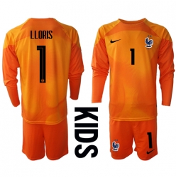 France Hugo Lloris #1 Goalkeeper Home Stadium Replica Jersey Kids World Cup 2022 Long Sleeves (+ pants)