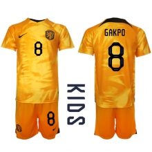 Netherlands Cody Gakpo #8 Home Stadium Replica Jersey Kids World Cup 2022 Short Sleeves (+ pants)