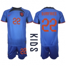 Netherlands Denzel Dumfries #22 Away Stadium Replica Jersey Kids World Cup 2022 Short Sleeves (+ pants)