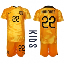 Netherlands Denzel Dumfries #22 Home Stadium Replica Jersey Kids World Cup 2022 Short Sleeves (+ pants)