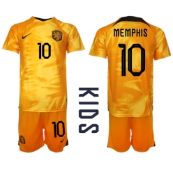 Netherlands Memphis Depay #10 Home Stadium Replica Jersey Kids World Cup 2022 Short Sleeves (+ pants)