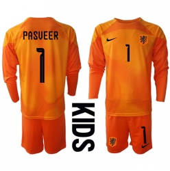 Netherlands Remko Pasveer #1 Goalkeeper Away Stadium Replica Jersey Kids World Cup 2022 Long Sleeves (+ pants)