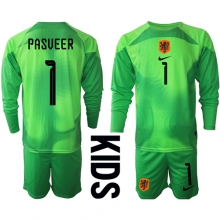 Netherlands Remko Pasveer #1 Goalkeeper Home Stadium Replica Jersey Kids World Cup 2022 Long Sleeves (+ pants)