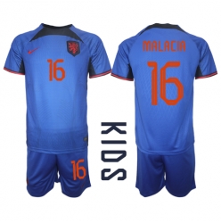 Netherlands Tyrell Malacia #16 Away Stadium Replica Jersey Kids World Cup 2022 Short Sleeves (+ pants)