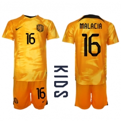 Netherlands Tyrell Malacia #16 Home Stadium Replica Jersey Kids World Cup 2022 Short Sleeves (+ pants)