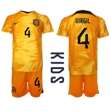 Netherlands Virgil van Dijk #4 Home Stadium Replica Jersey Kids World Cup 2022 Short Sleeves (+ pants)