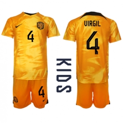 Netherlands Virgil van Dijk #4 Home Stadium Replica Jersey Kids World Cup 2022 Short Sleeves (+ pants)