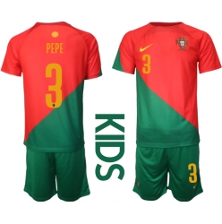 Portugal Pepe #3 Home Stadium Replica Jersey Kids World Cup 2022 Short Sleeves (+ pants)