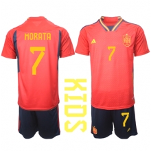 Spain Alvaro Morata #7 Home Stadium Replica Jersey Kids World Cup 2022 Short Sleeves (+ pants)