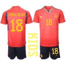 Spain Jordi Alba #18 Home Stadium Replica Jersey Kids World Cup 2022 Short Sleeves (+ pants)