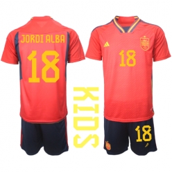 Spain Jordi Alba #18 Home Stadium Replica Jersey Kids World Cup 2022 Short Sleeves (+ pants)