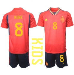 Spain Koke #8 Home Stadium Replica Jersey Kids World Cup 2022 Short Sleeves (+ pants)